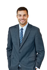 Portrait, proud or happy businessman in studio for corporate company or job on white background. Confident, smile and face of professional entrepreneur, consultant and salesman in suit for career