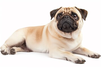 Full body studio portrait of a beautiful pug dog. The dog is lying down and looking up over a background of pastel shades, radiating charm and playfulness.