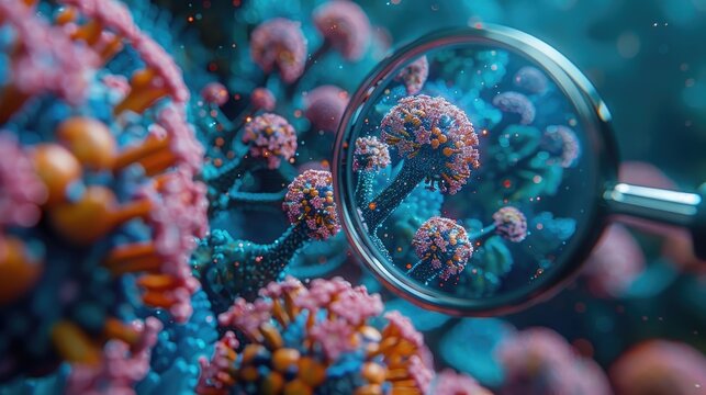 Magnified view of virus particles showcasing intricate details and structures, highlighting concepts in microbiology and virology.