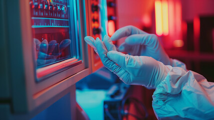 A person is working on a computer with a white lab coat on. They are wearing gloves and are touching a computer