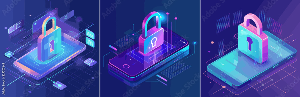 Poster phone security isometric vector concept. lock storage safe personal data accounts banking informatio