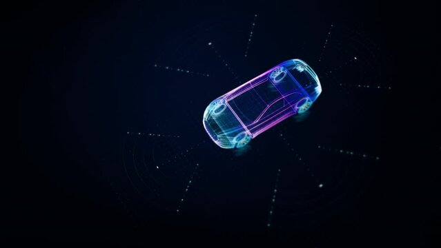 Advanced holographic motion graphics vividly depict an autonomous vehicle endowed with self-awareness and extensive environmental sensing capabilities, enabling it to operate autonomously