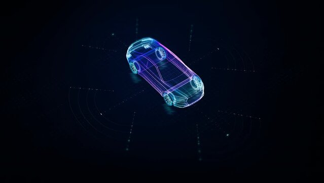Advanced holographic motion graphics vividly depict an autonomous vehicle endowed with self-awareness and extensive environmental sensing capabilities, enabling it to operate autonomously