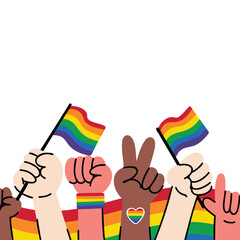 Pride Celebration Vector Illustration. Diverse Hands Raised with Flags and Wristbands.
