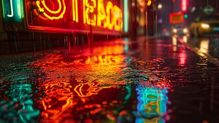 A closeup of a neonlit diner sign, vibrant reds and greens flickering, camera tilts to reveal the bustling street, reflecting the colorful glow in its wet asphalt, evoking a retro yet modern atmospher