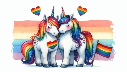 Two unicorns with rainbow hearts and stripes - LGBTQ+ themed art of two unicorns showing affection, with heart symbols and rainbow stripes