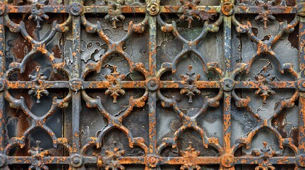 A rusted iron gate with intricate patterns, camera zooms in to detail the textured rust and patina, highlighting the contrast between decay and the enduring strength of metal