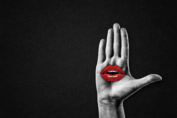 Hand Gesture Stop Sign in Black and White with Woman's Red Lips on Textured Paper Background, Copy...