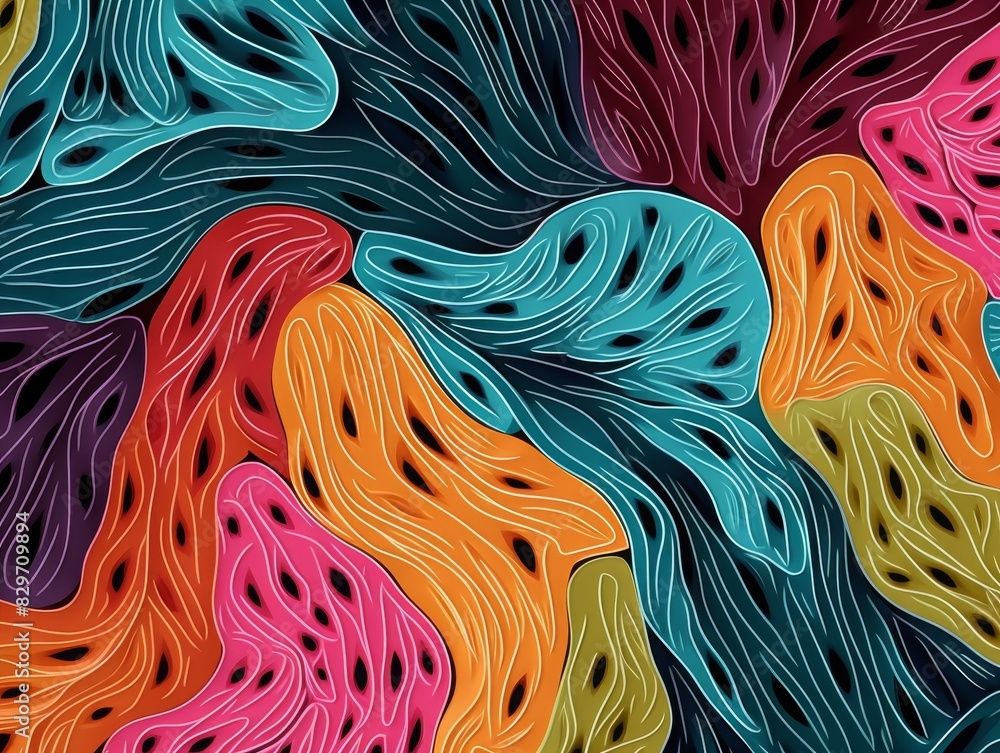 Poster colorful abstract wavy pattern with vibrant hues and intricate fluid shapes, creating a dynamic and 
