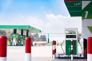 Gas station with clouds, sky and sunlight The station is ready to serve you