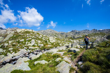 Fototapeta premium Young hiker woman in Vall de Boi, Aiguestortes and Sant Maurici National Park, Spain