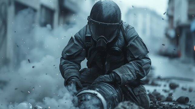 A bomb disposal expert carefully defusing a device, showcasing precision and bravery, close up, focus on, safety protocols, realistic, composite, an urban street backdrop