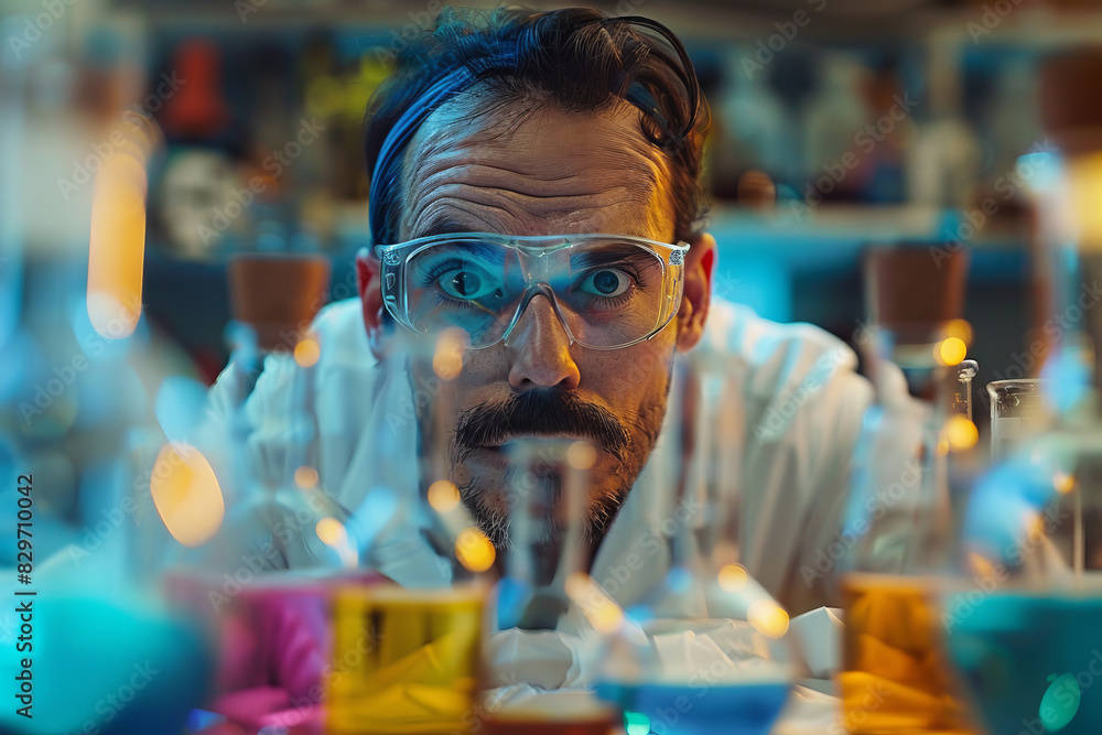 Poster chemist focused on experiment in laboratory with colorful liquids