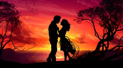 Obraz premium Silhouette of a couple sharing a kiss against an orange sunset sky. Generative AI.