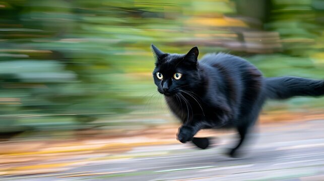 Blurry image of a black cat dashing across a street