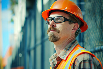 Civil engineer in protective gear inspecting construction site outdoors