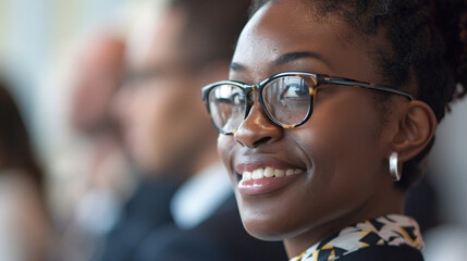 Smiling young woman with glasses. Close-up of a young black woman wearing glasses and smiling, conveying happiness and positivity. - Powered by Adobe