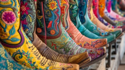 A colorful display of brightly embroidered cowboy boots showcasing the diverse styles and cultural influences found in the world of vintage western fashion.