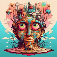 Surreal artwork of a human face merged with an imaginative cityscape, featuring colorful buildings and whimsical elements.