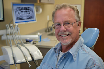 Obraz premium Smiling man at the dentist's office during a checkup