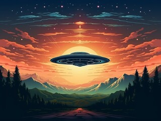 Surreal sunset over mountains with a UFO hovering in the sky, embodying a futuristic, sci-fi landscape amidst nature's beauty.