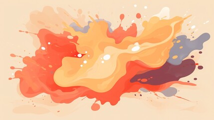 Vibrant abstract watercolor splash art in warm tones of red, orange, and yellow with a touch of blue on a beige background.