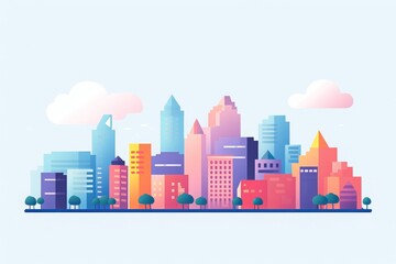 Vibrant city skyline illustration with colorful buildings and clear sky, ideal for urban and architectural design projects.