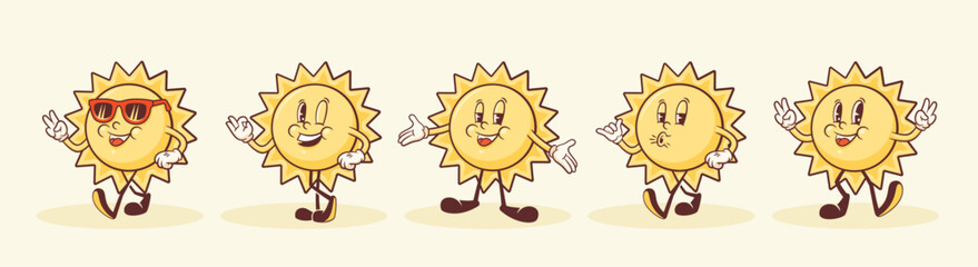 Groovy Sun Retro Characters Set. Cartoon Summer Personage Walking and Smiling. Vector Funny Mascot Templates Collection. Happy Vintage Cool Illustrations Isolated