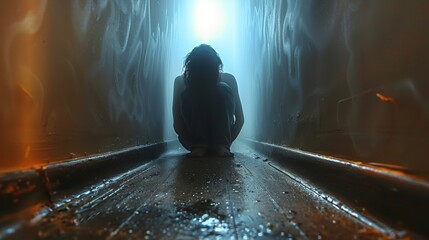 Silhouetted figure crouches in a dark tunnel, with a dramatic, mysterious light at the other end