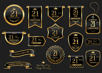 Collection of  Anniversary gold laurel wreath badges and labels vector illustration