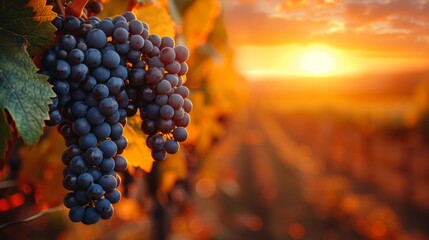 Vibrant grapes on the vine under a dramatic sunset, symbolizing winemaking, fertility, and the...
