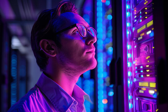 IT consultant examines server rack with bright neon lighting