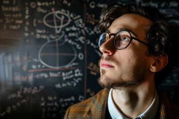Thoughtful young mathematician with chalkboard background pondering complex equations