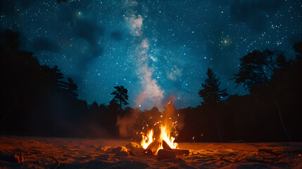 Camping fire under the amazing blue starry sky with a lot of shining stars and clouds. A fire burning next to a camping chair at night, Generative AI