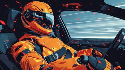 A dynamic illustration of a racing driver in full gear behind the wheel of a high-speed vehicle, exuding speed and focus