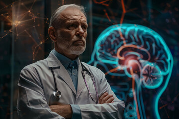 Neurologist standing with arms crossed in front of brain illustration