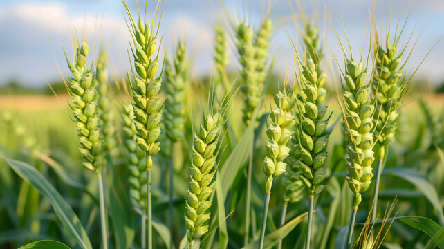 A field of green wheat with a few brown spots. The wheat is tall and green. The field is open and expansive, with no signs of human activity. green wheats in field who is growing without any tares