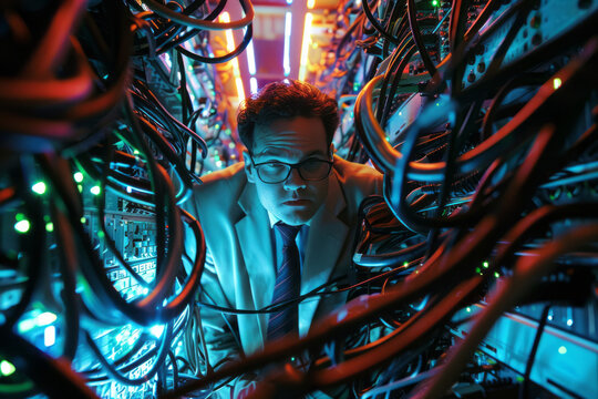 Network administrator managing server cables in a data center