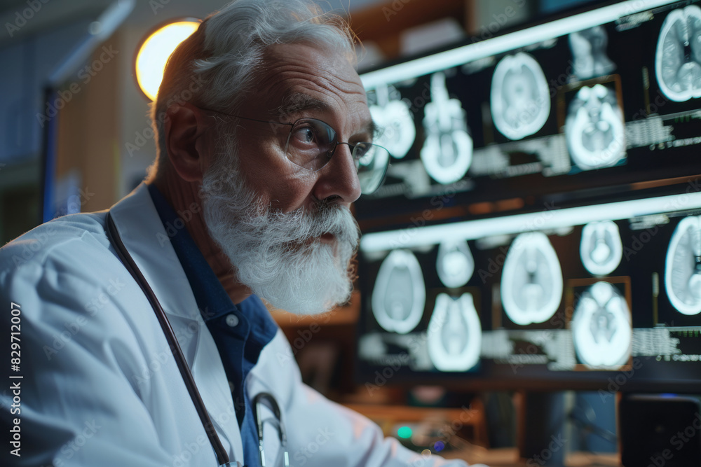 Poster senior oncologist analyzing brain scans on computer monitors