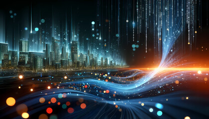 A futuristic landscape filled with flowing lines, glowing points of light, and digital streams, representing a dynamic interplay of data within a cityscape