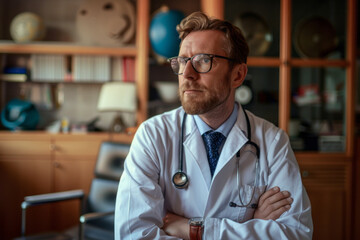 Confident male doctor in office wearing stethoscope and glasses