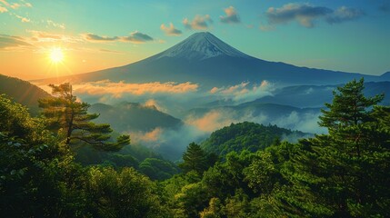 A breathtaking view of Mount Fuji at sunrise, with mist and clouds accenting the scenery - Powered by Adobe