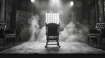 An evocative black and white image showcasing a single chair amidst fog in a room with vintage decor