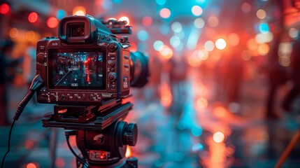 Fototapeta premium A professional digital video camera set up on a rig capturing a city night scene with a blurred background