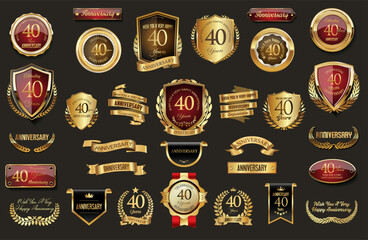 Collection of  Anniversary gold laurel wreath badges and labels vector illustration