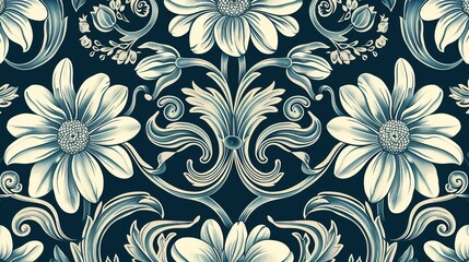  Floral Pattern: Blue and Cream Design on Dark Teal Background