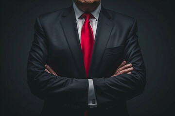 Confident businessman in a suit with red tie and crossed arms