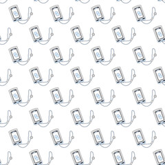 Seamless pattern of phones in waterproof cases with lanyards. Vector flat illustration.
