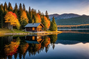 Fototapeta premium Lakeside getaway embraced by the serenity of autumn. A picturesque autumn landscape.