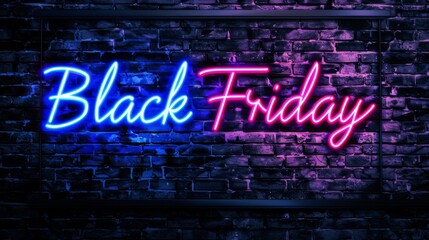 Black friday text with neon style on the wall. Discount sale event concept